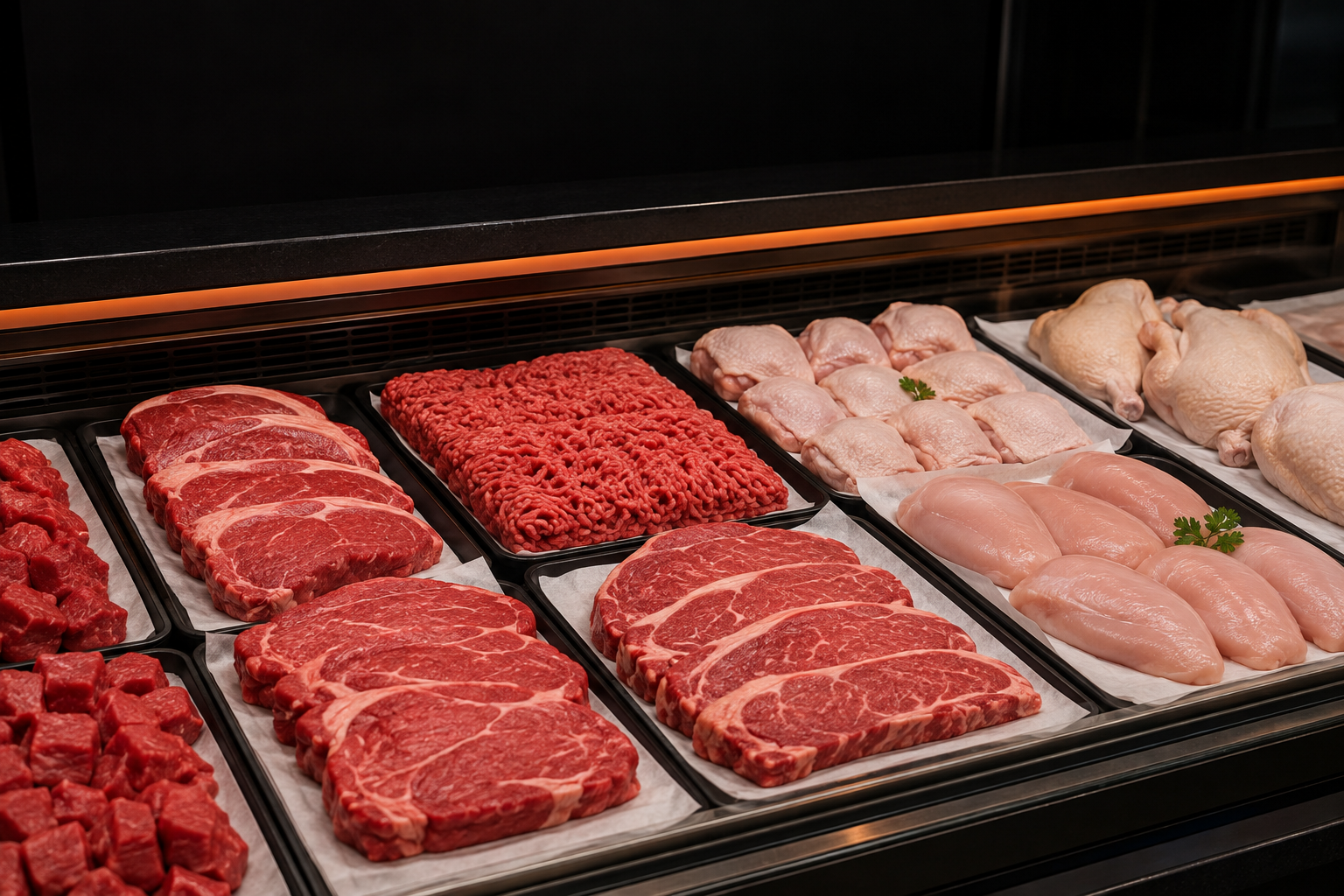 Clean display of fresh halal meat