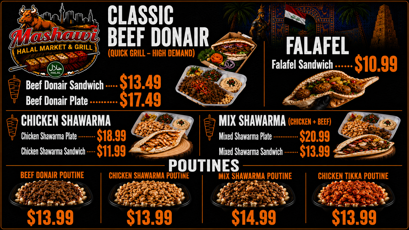 Donair, falafel, shawarma and poutines menu