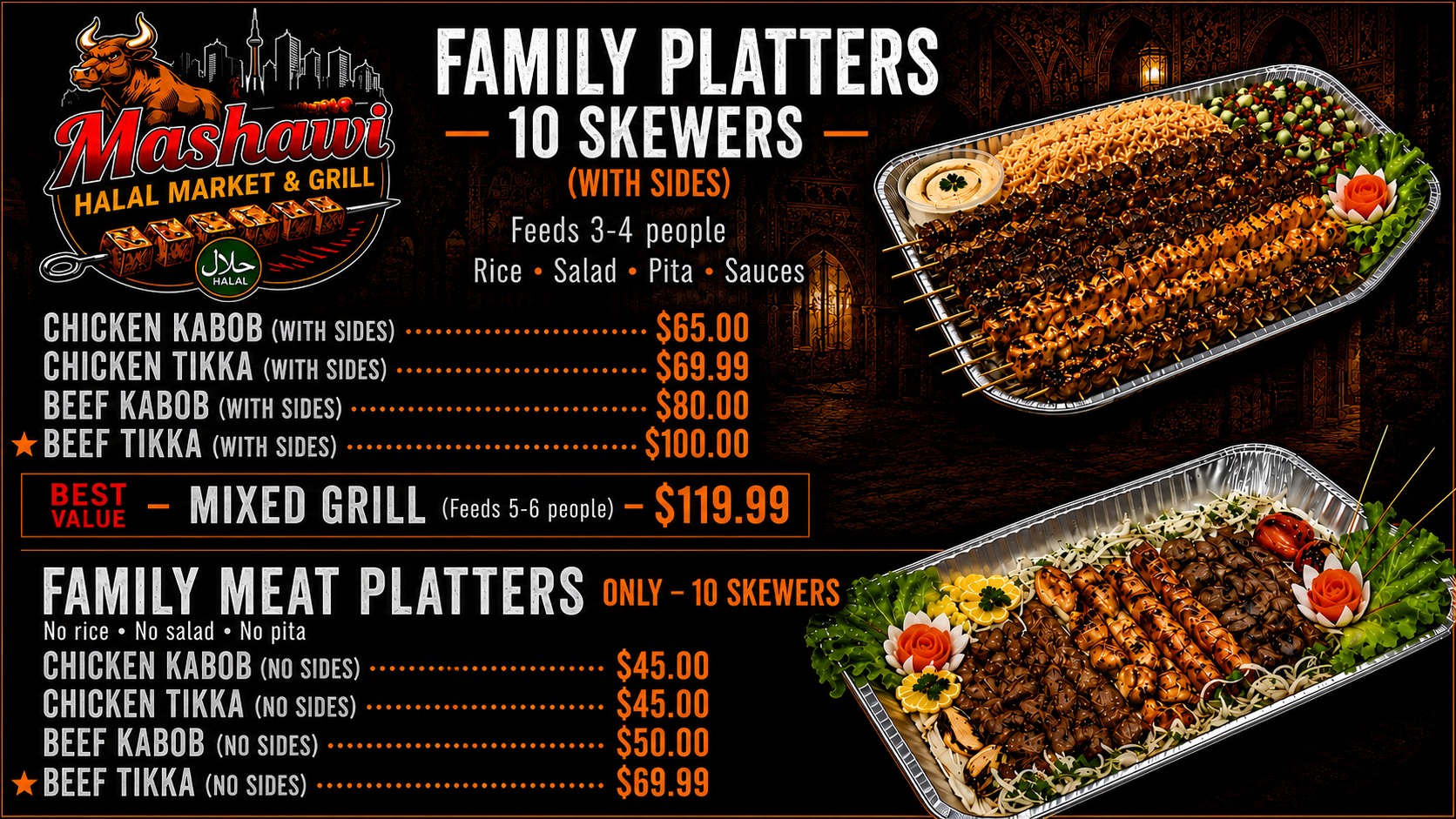 Family platters and meat-only platters menu