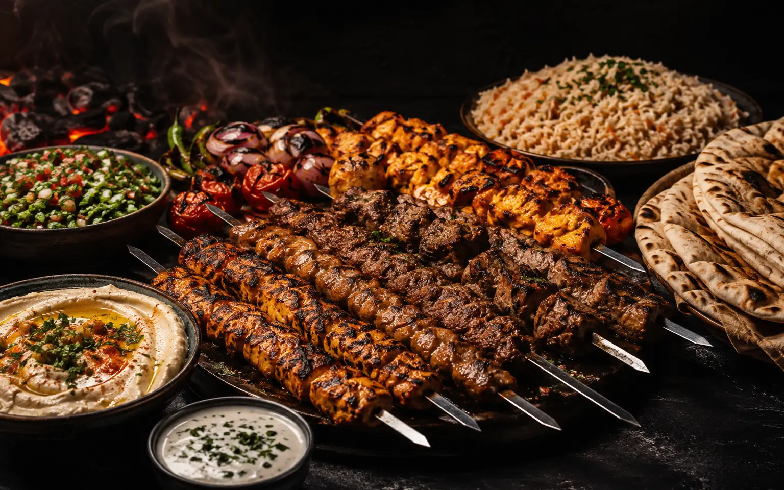 Fresh grilled meats with rice, salad, pita and dips